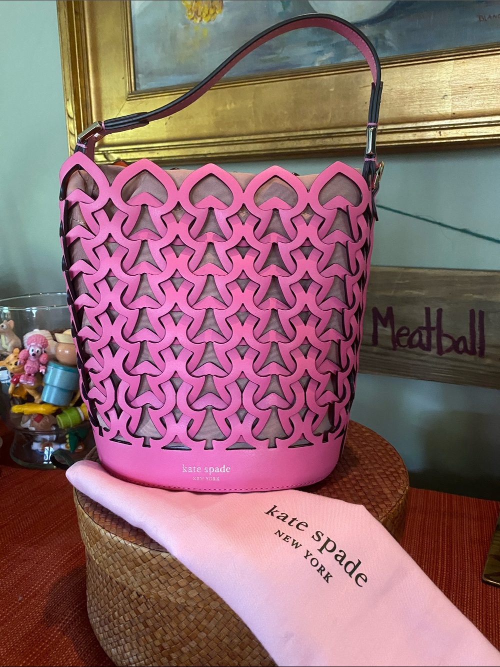 Kate Spade Dorie leather bucket satchel bag in hibiscus tea pink